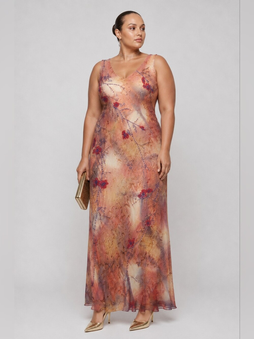 Y2K Silk Beaded Sequin Floral Watercolor Maxi Dress 14/16